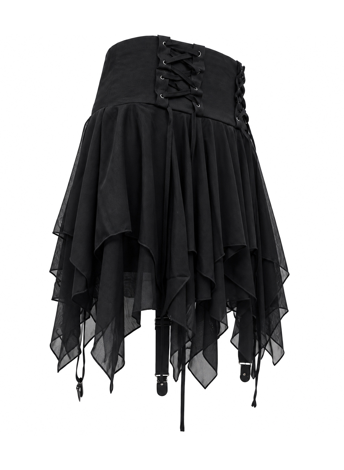 Dark Nymphe Skort. Svart gotisk asymmetrisk kjol med flera lager tyg, dekorativa band och inbyggda hot pants.