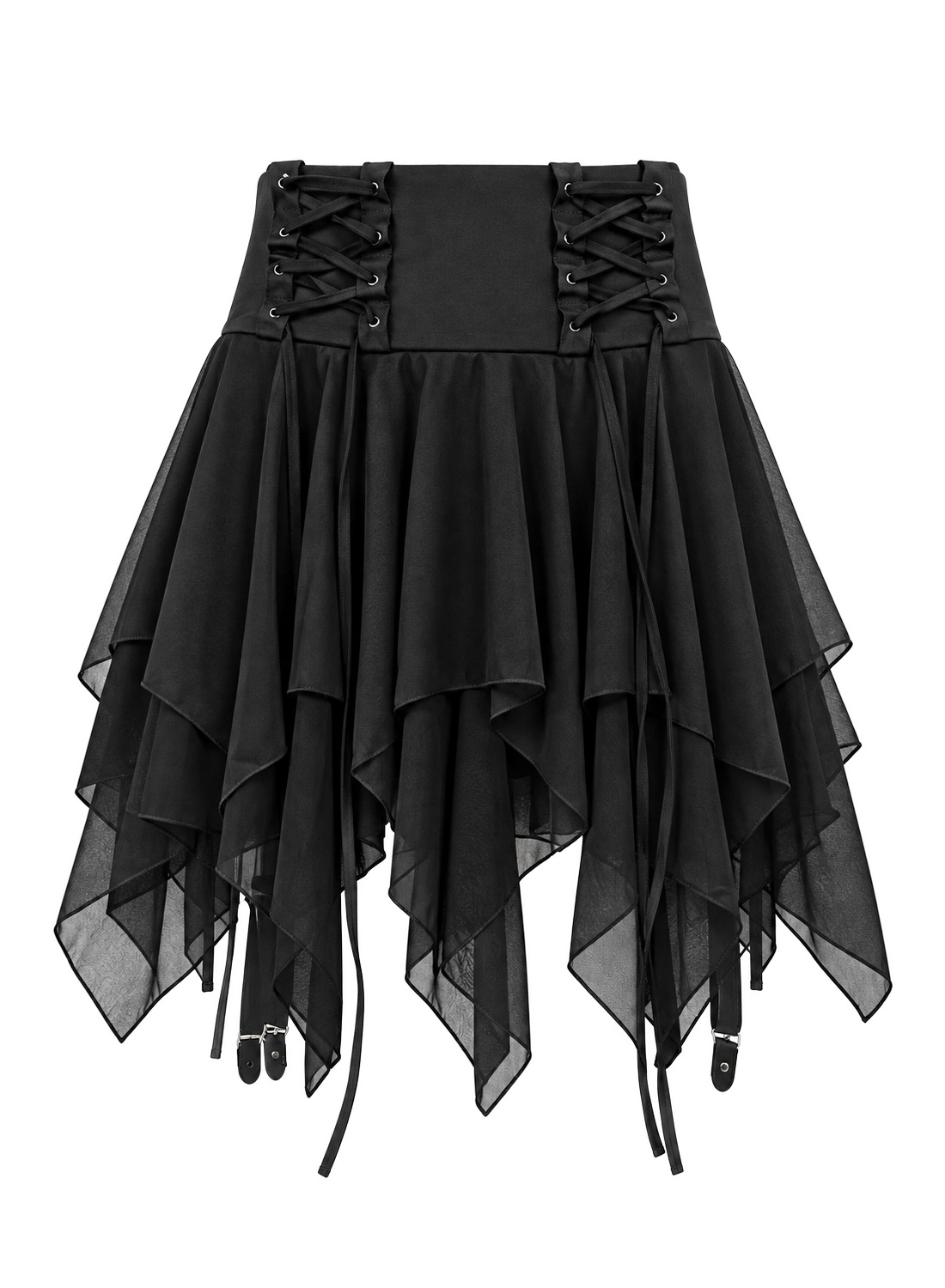 Dark Nymphe Skort. Svart gotisk asymmetrisk kjol med flera lager tyg, dekorativa band och inbyggda hot pants.