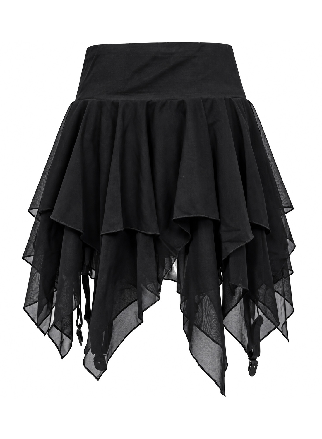 Dark Nymphe Skort. Svart gotisk asymmetrisk kjol med flera lager tyg, dekorativa band och inbyggda hot pants.
