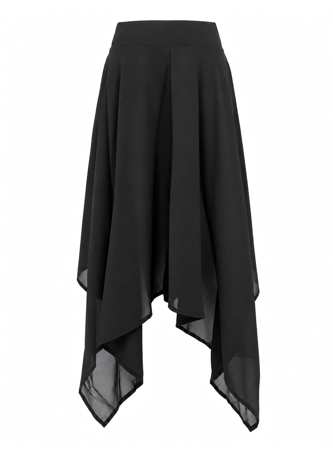 Midnight Shadow Skort– svart asymmetrisk gothic kjol med bred elastisk midja, skira lager, spetsiga avslut och inbyggda hot pants.