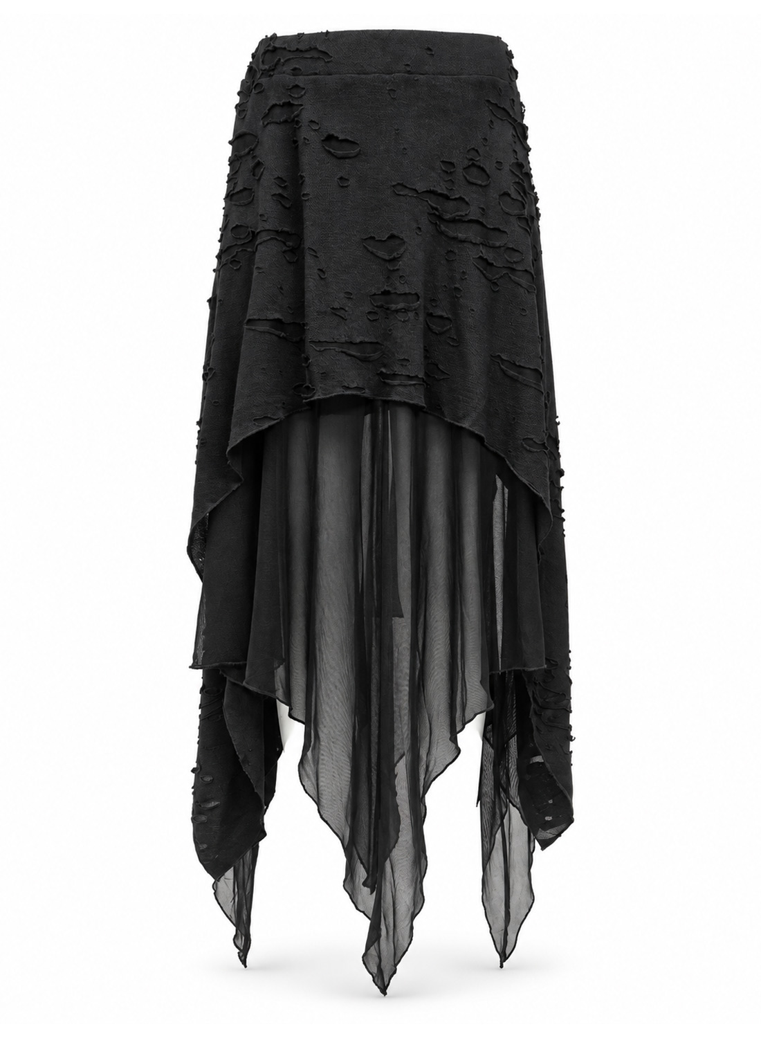 Apocalypse Chic Skirt, svart gotisk asymmetrisk kjol med strukturerat, slitet tyg, transparenta meshlager, spetsiga fållar och elastisk midja.