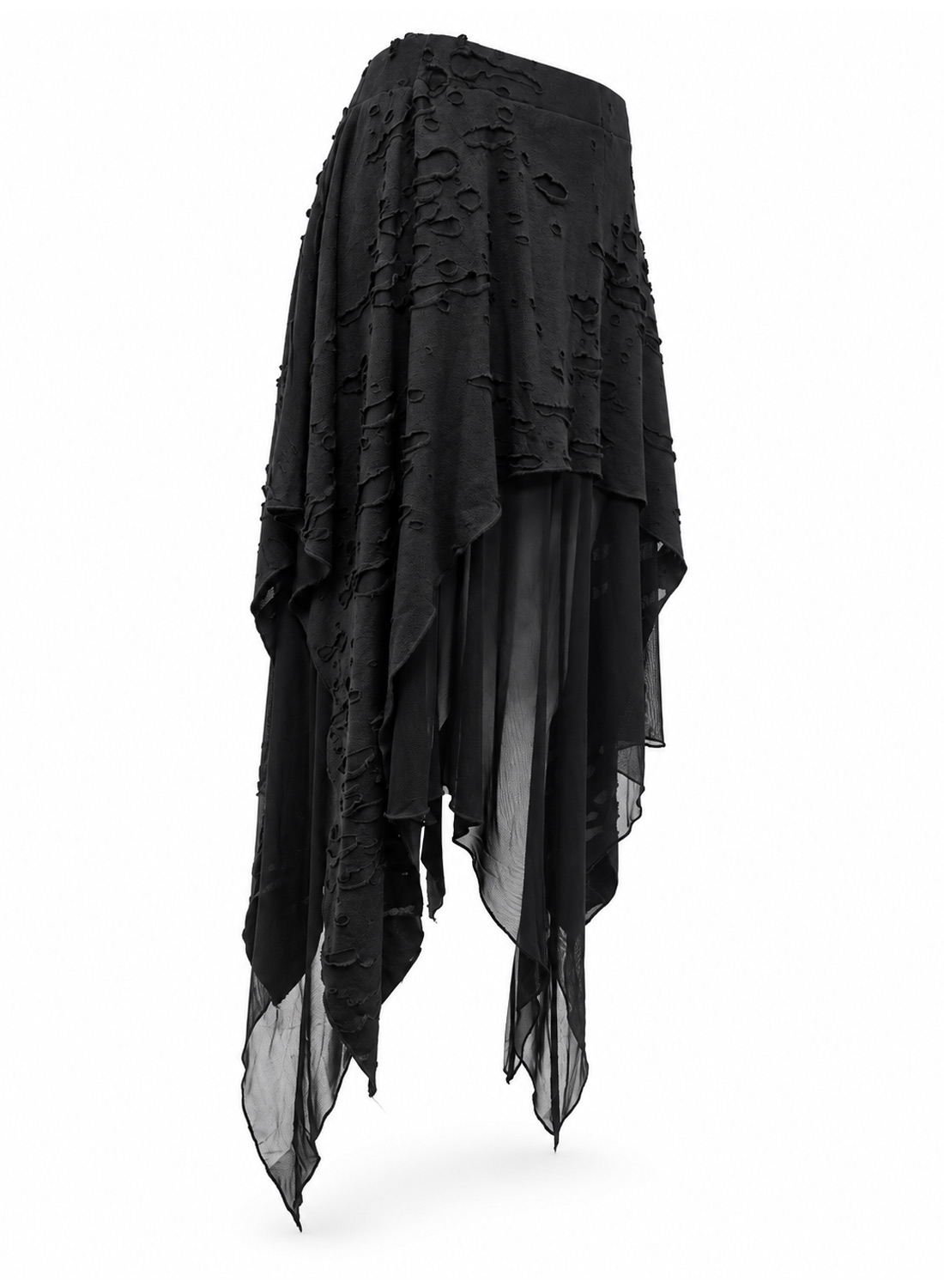 Apocalypse Chic Skirt, svart gotisk asymmetrisk kjol med strukturerat, slitet tyg, transparenta meshlager, spetsiga fållar och elastisk midja.