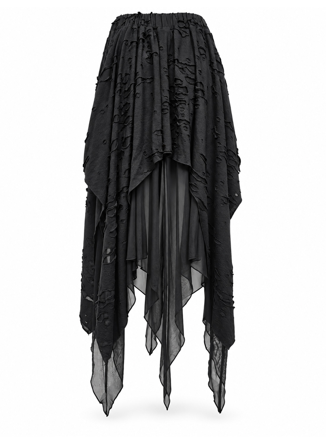 Apocalypse Chic Skirt, svart gotisk asymmetrisk kjol med strukturerat, slitet tyg, transparenta meshlager, spetsiga fållar och elastisk midja.