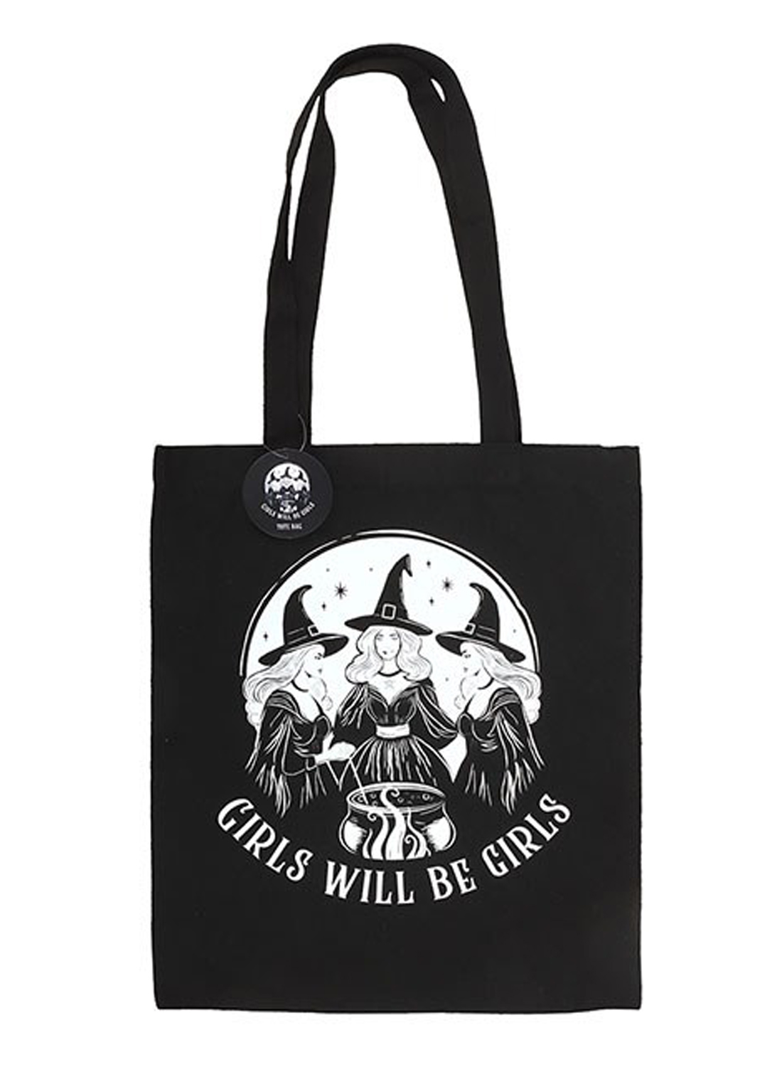 Girls Will Be Girls Tote Bag – svart tygväska i polyester med tre häxor, magisk kittel och vitt gothic-tryck.